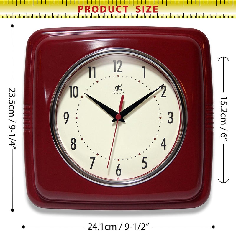 Infinity Instruments Square Silent Retro 9 inch Mid Century Modern Kitchen Diner Retro Wall Clock Quartz Sweep Movement (Red) - Image 4